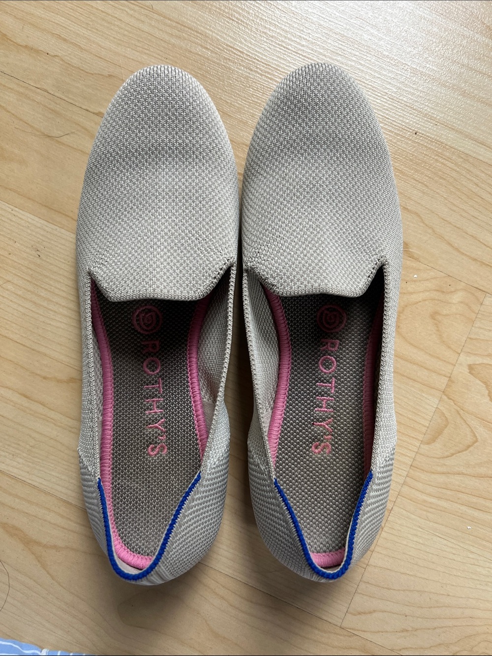 Rothy's Neutral Knit Slip-On Flats with Blue Trim